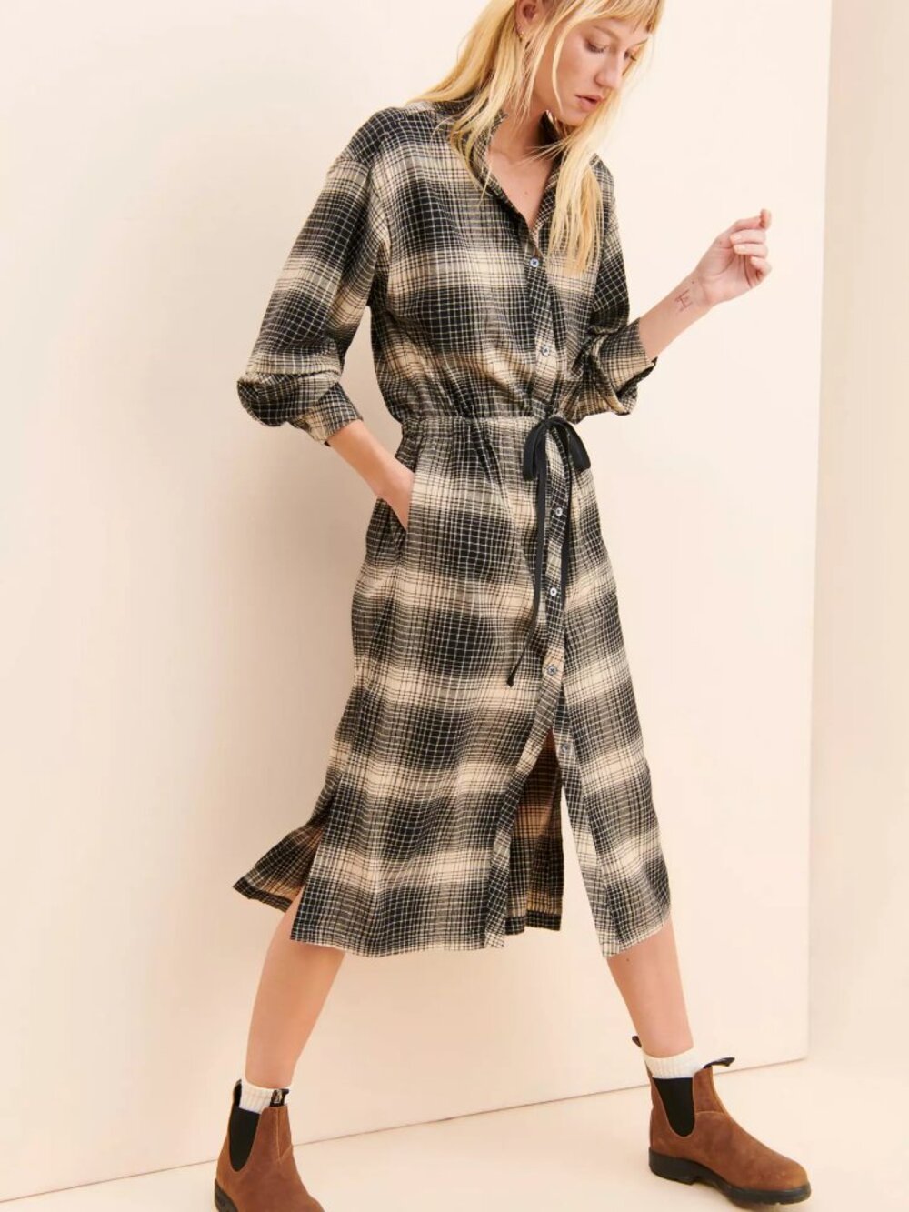JOIE Ardine Plaid Flannel shirt dress - FALL Perfection Midi Black Tan Button Up - Picture 12 of 16